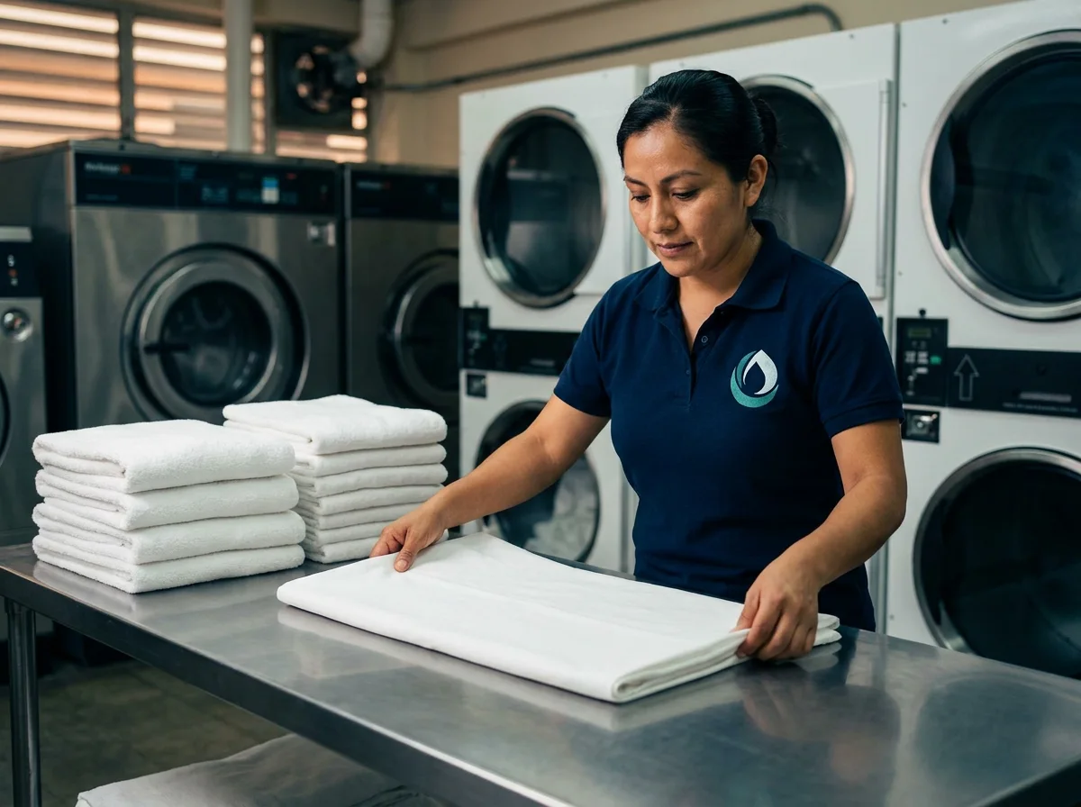 Empleada de Omniclyn doblando sábanas blancas en la planta