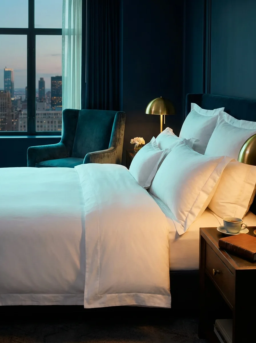 Cama de hotel con blancos impecables